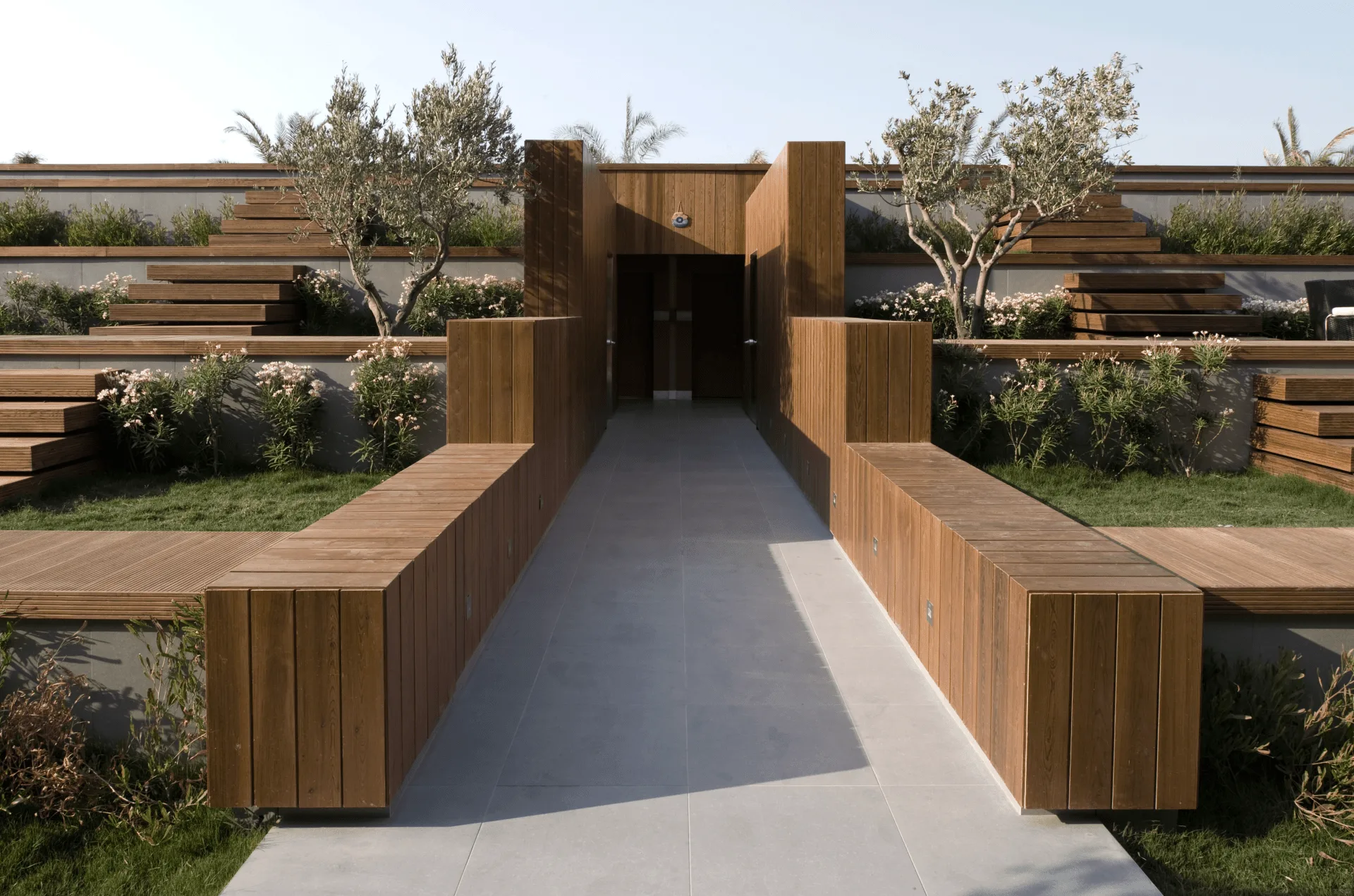 Entrance path with timber benches