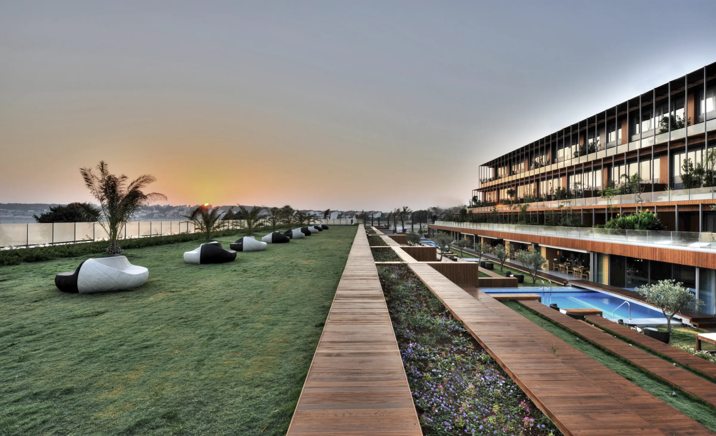 Lawn, timber walkway and pool