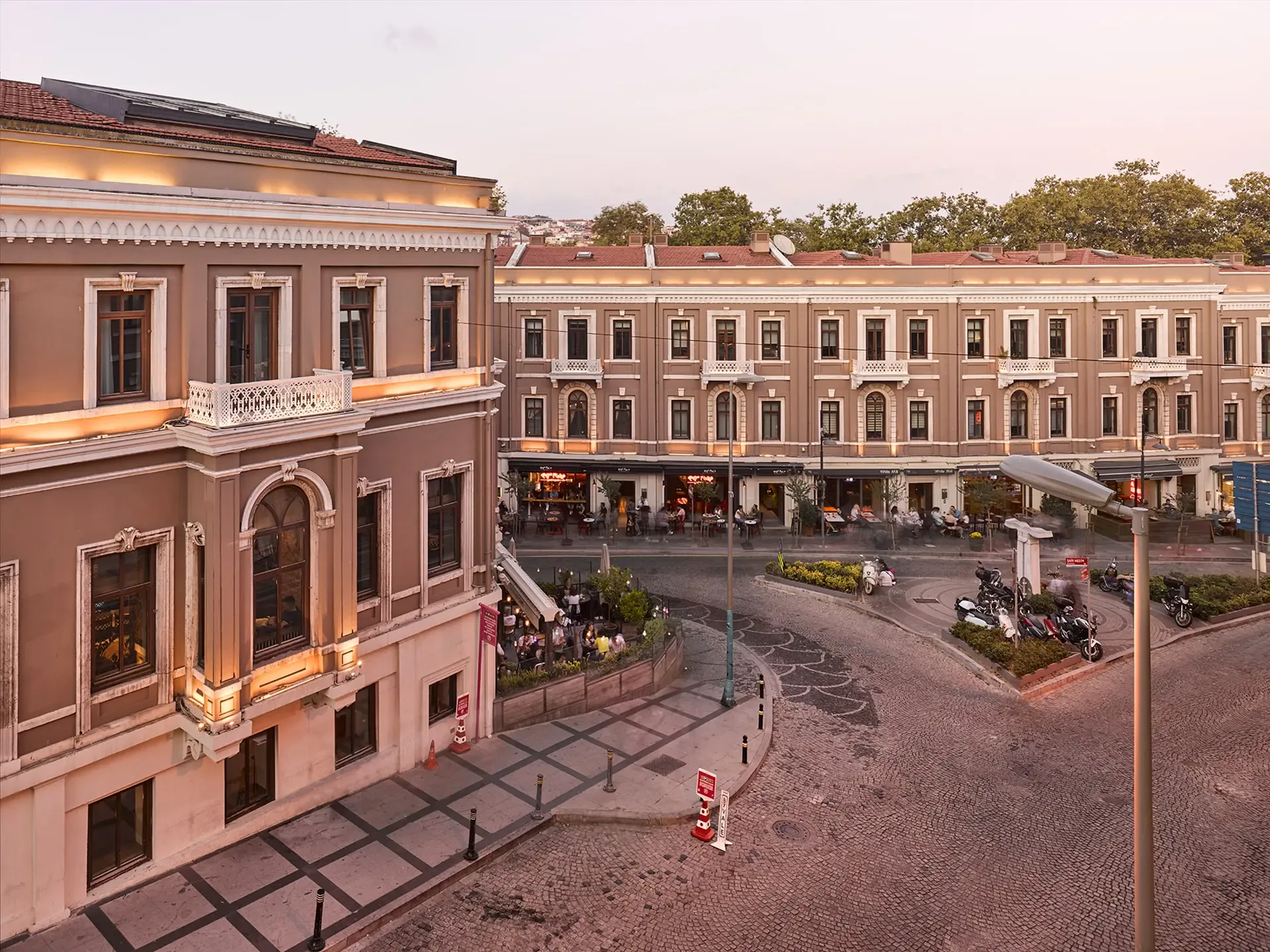 Akaretler square and row houses at dusk