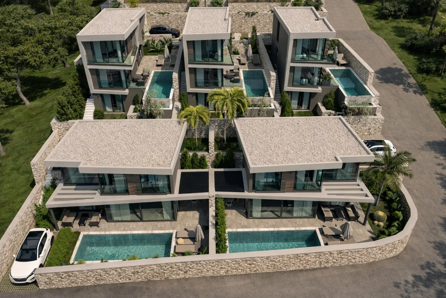 BaRiviera Villas aerial view of villas and pools