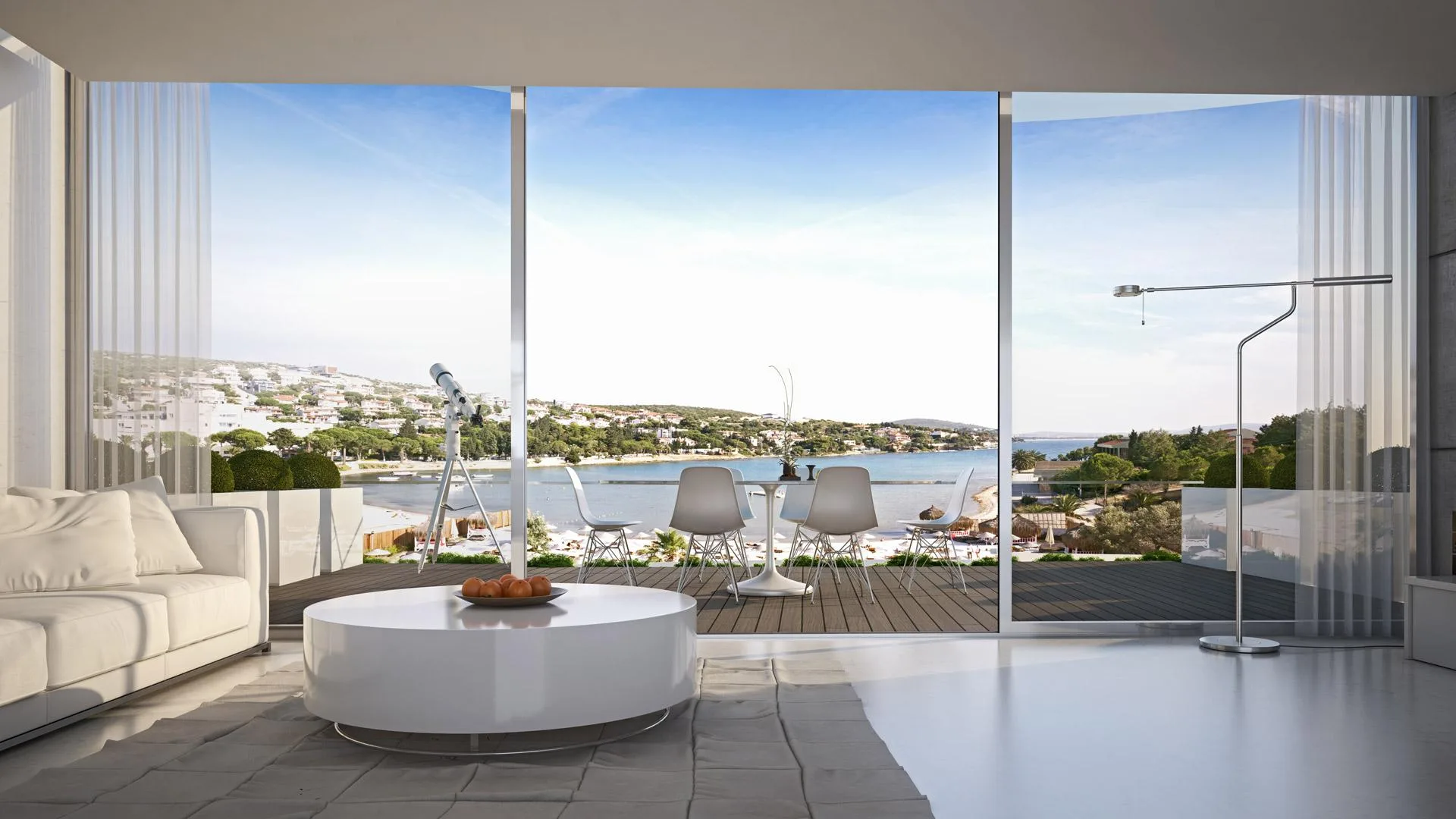 Folkart Blu Çeşme salon ve deniz manzarası (render)