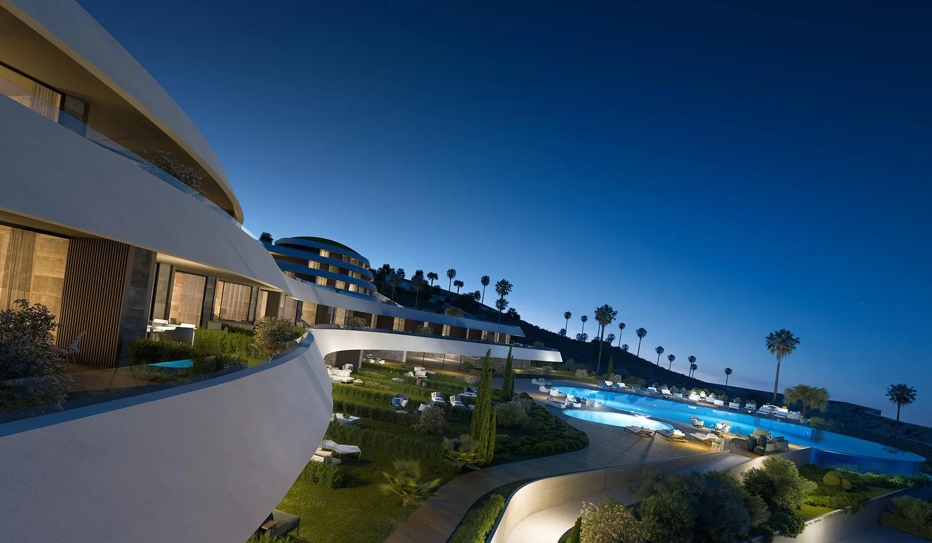 Folkart Hills Çeşme pool and landscaping at dusk