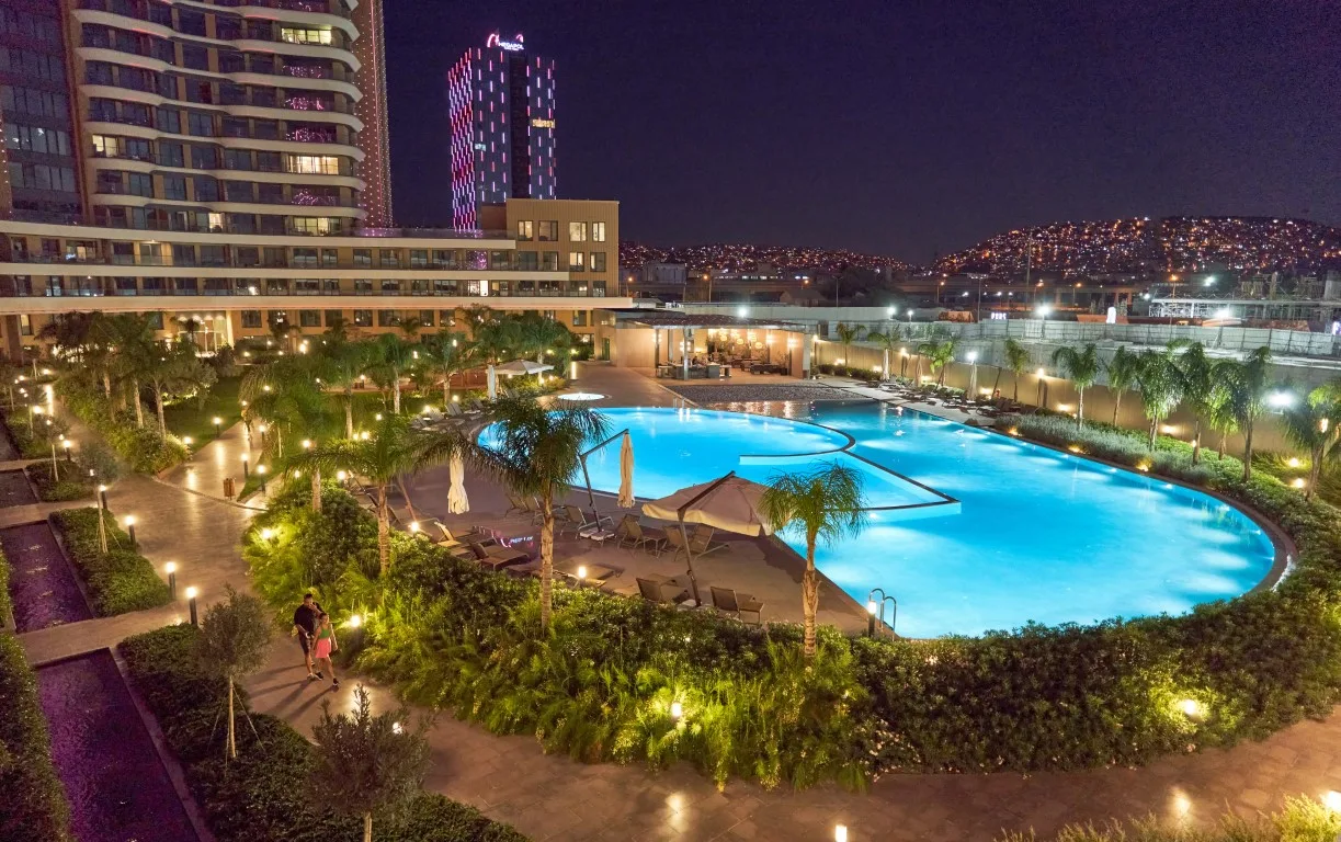 Folkart Vega pool area at night