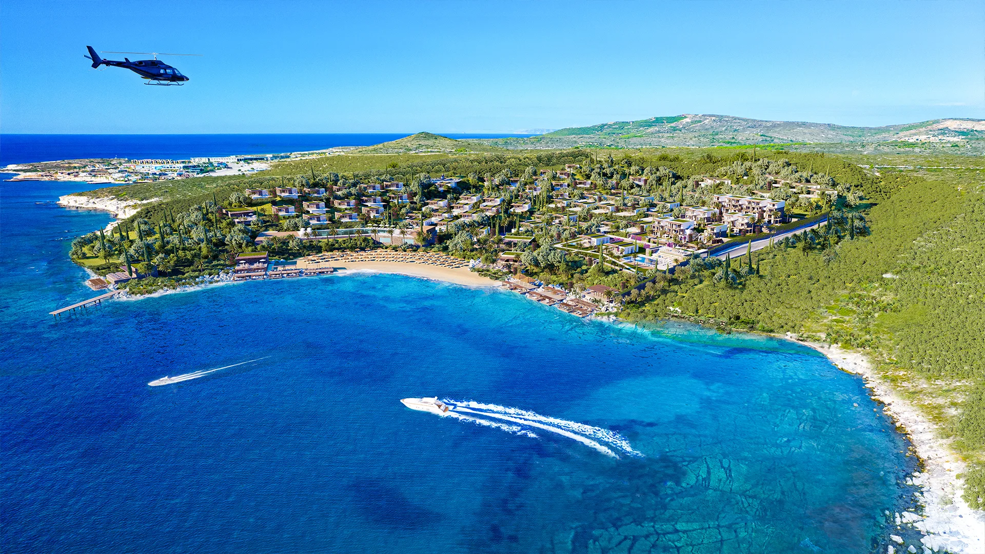 Kempinski Residences Alaçatı Çeşme bay and site, aerial rendering