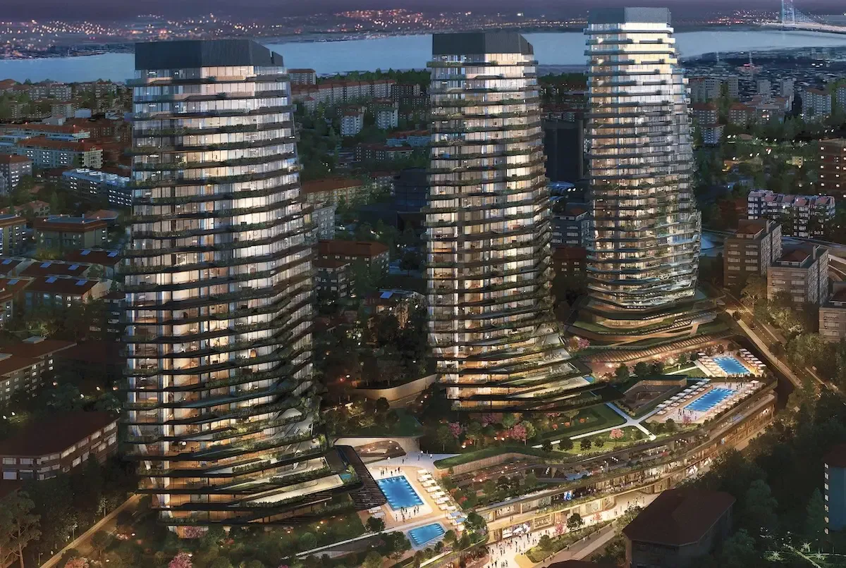 The Residences at Mandarin Oriental Etiler towers at dusk, aerial view