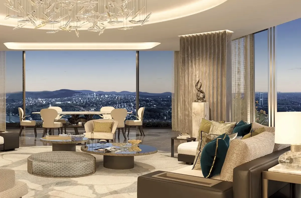The Residences at Mandarin Oriental Etiler rezidans salonu ve Boğaz manzarası