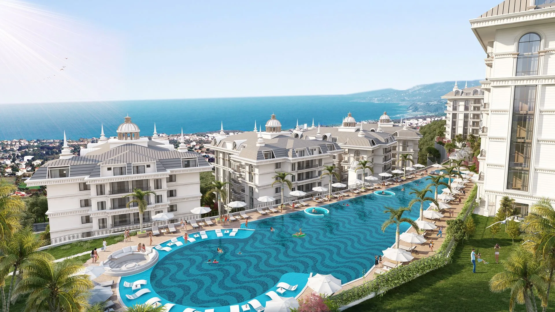 MevaCity Alanya havuz ve deniz manzarası