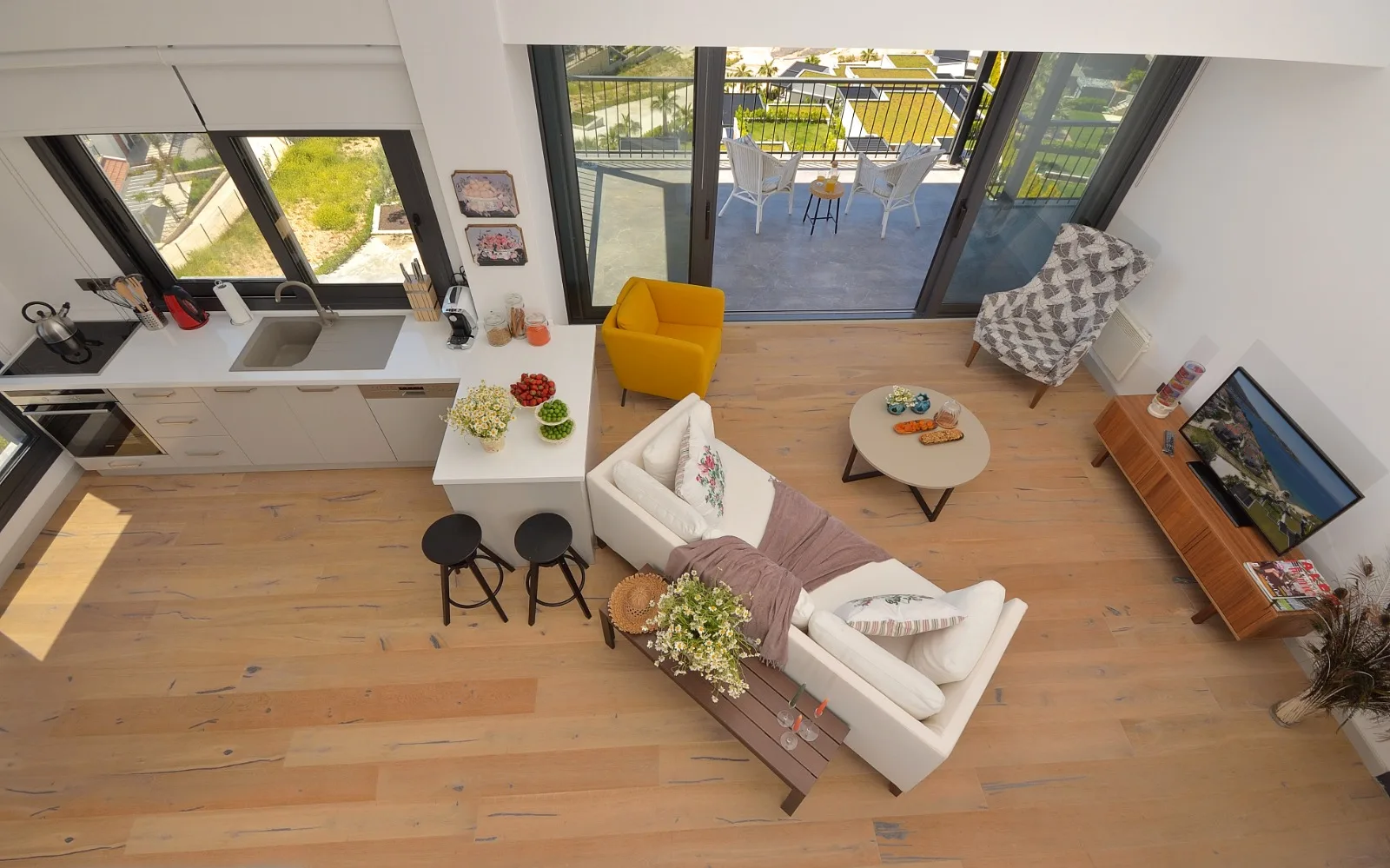 Quattordici living room and open kitchen