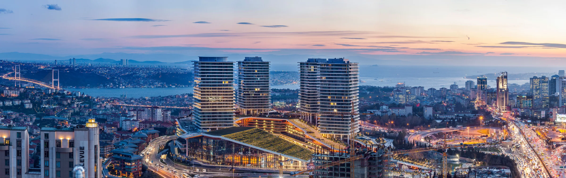 Zorlu Center towers with Bosphorus panorama