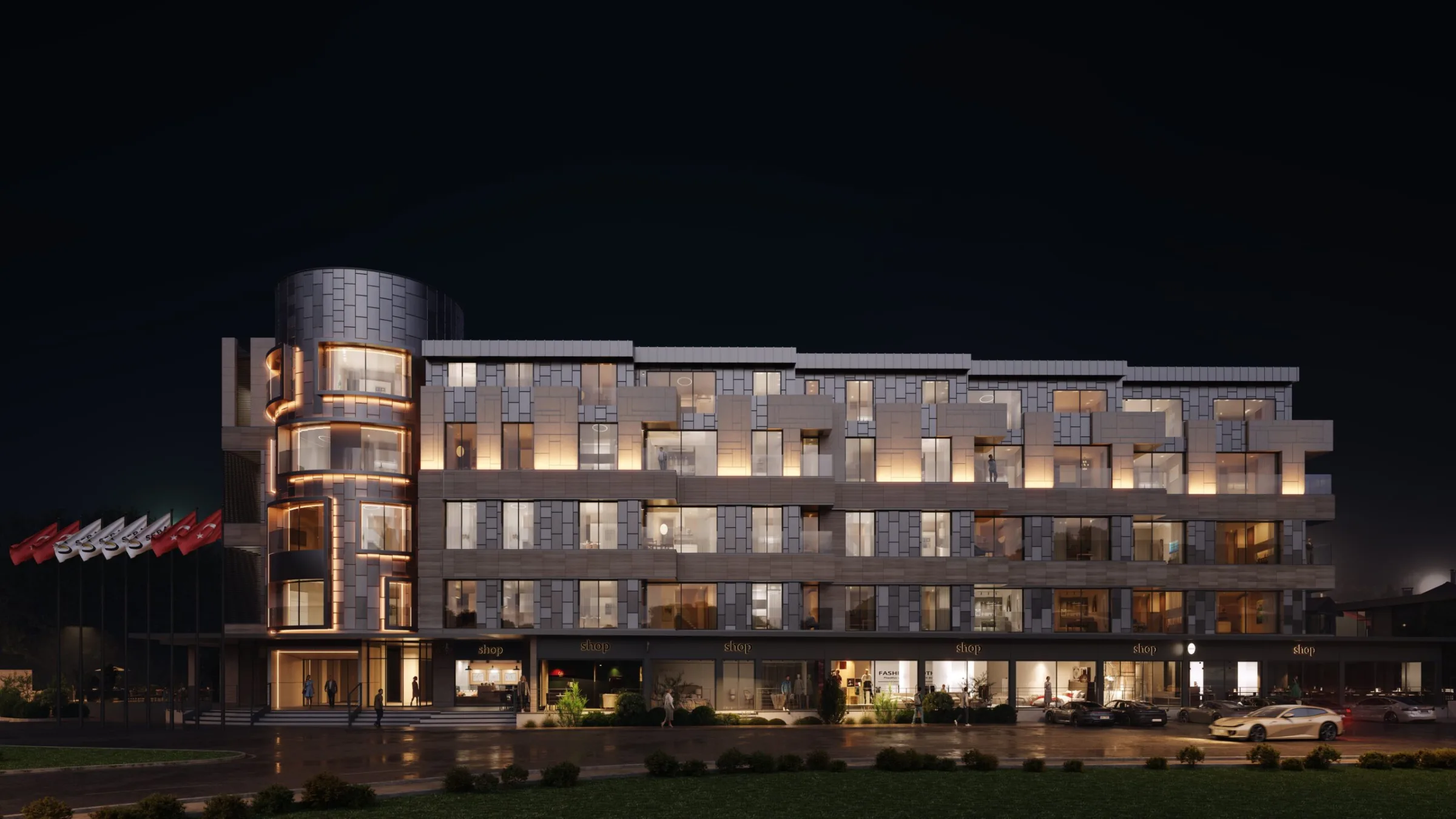 Seba Center Residences exterior at night