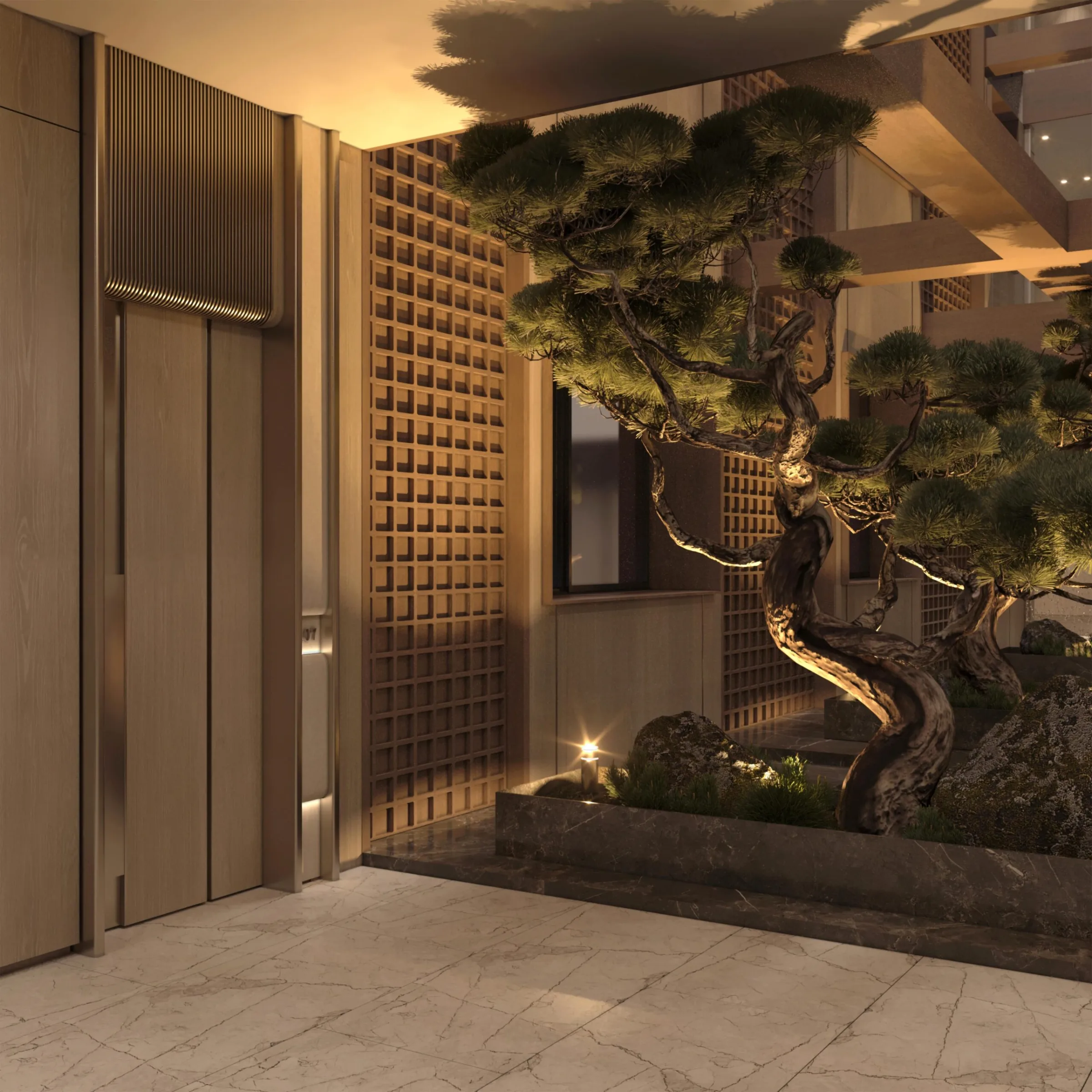 Seba Center Residences atrium with bonsai garden