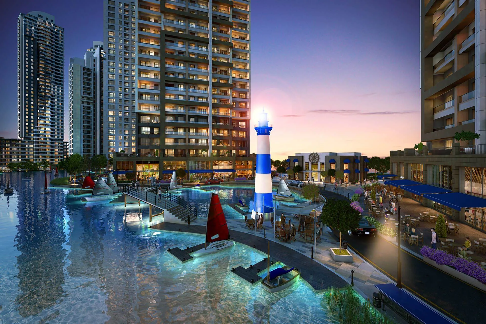 Marina Ankara deniz feneri ve bloklar (render)