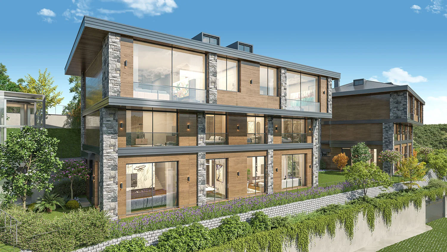 Tera Orman Beykoz cam ve ahşap villa cephesi