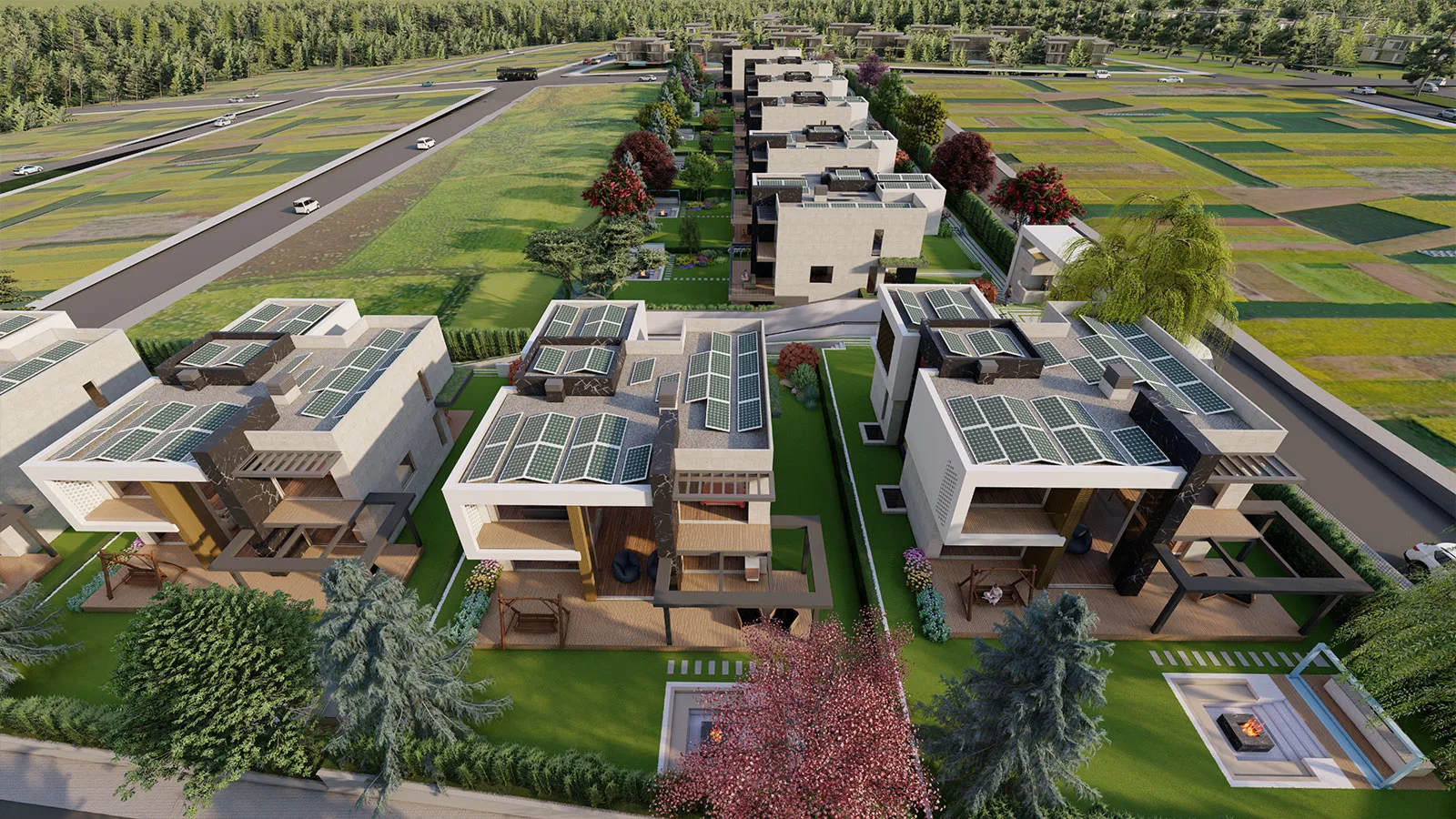Tetra İncek villalar havadan (render)