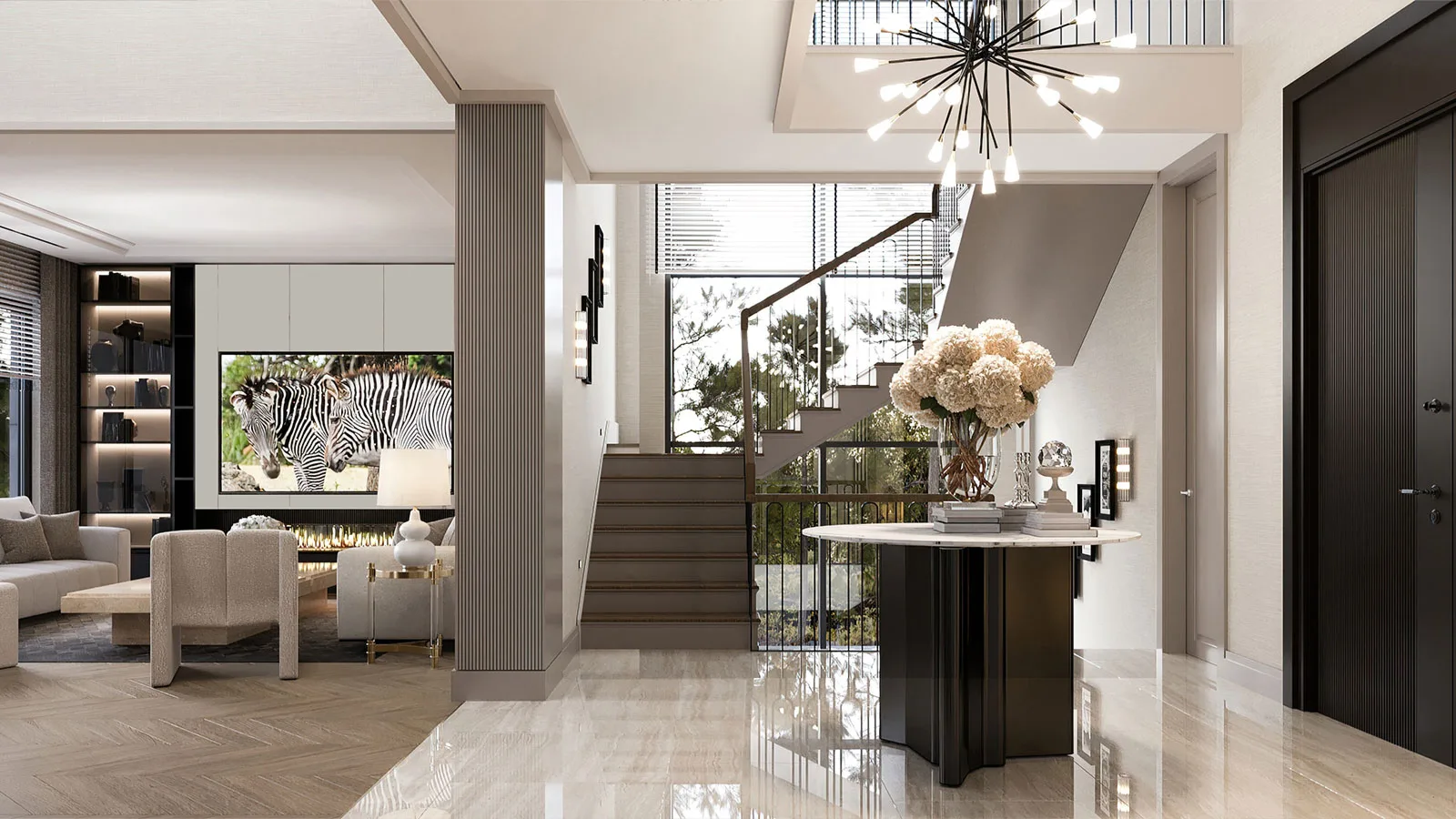 Tetra İncek villa giriş holü ve salon (render)
