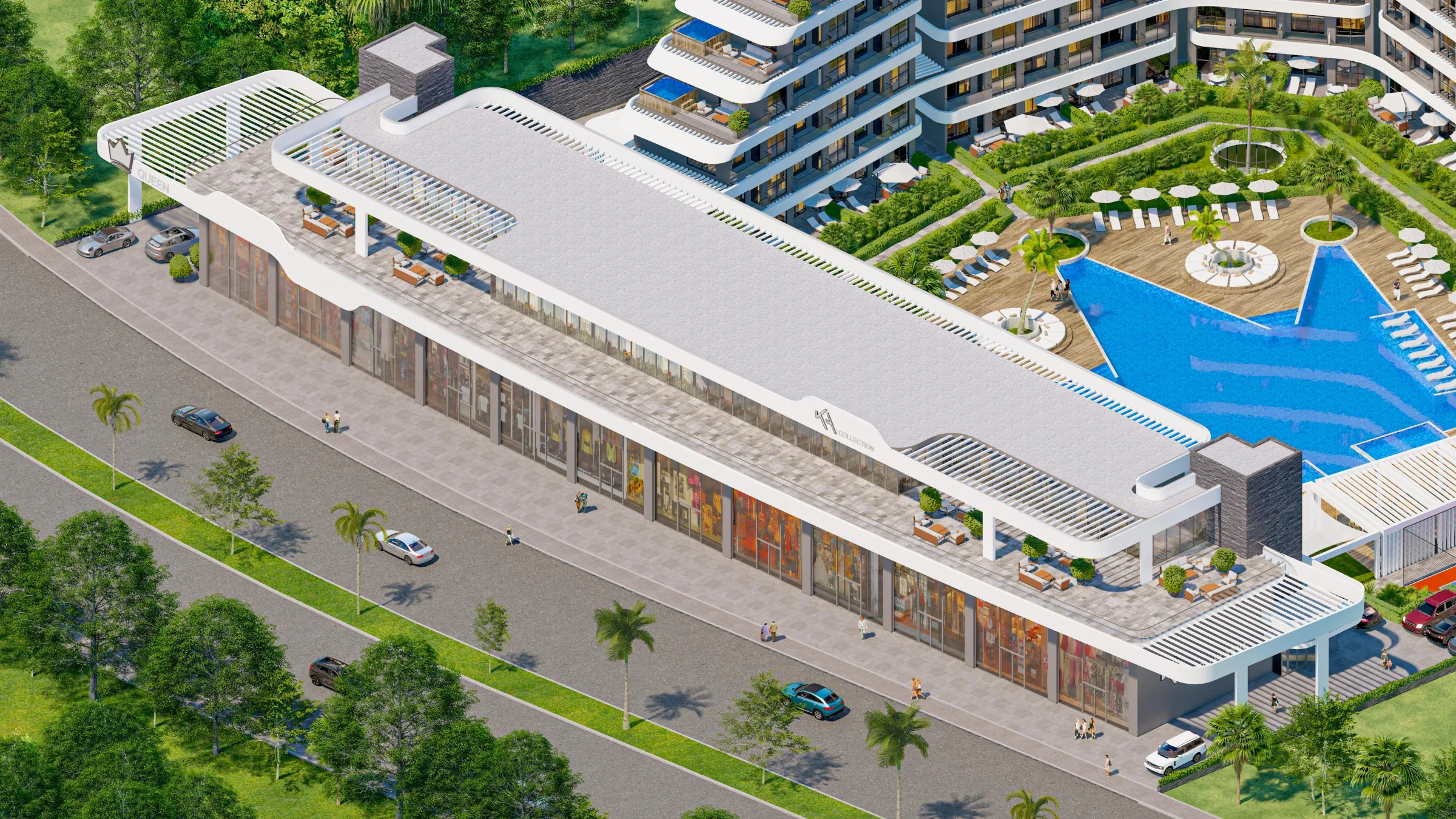 The Queen Collection aerial view with residential block and pool